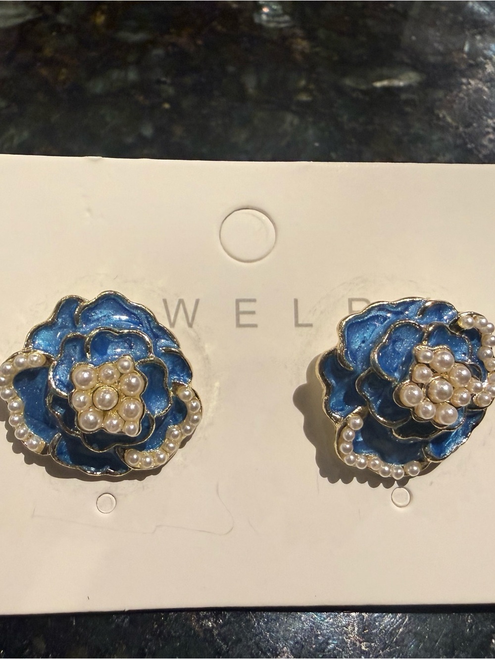 Blue Enamel Flower Pearl Cluster Stud Earrings - Women Jewelry